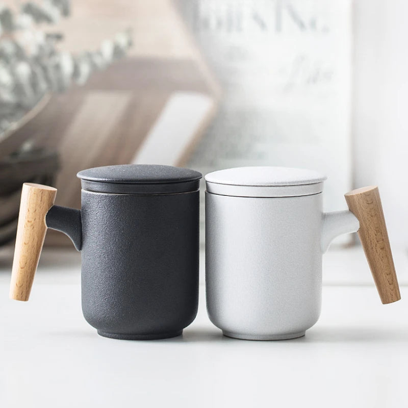 Kovat Minimalist Frosted Ceramic Tea Mug with Wood Handle. Infuser and Lid - 400ml Matte Porcelain Coffee Cup