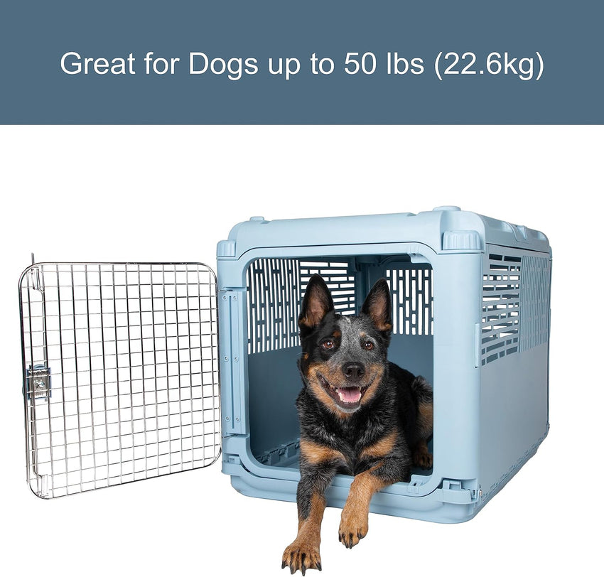 SportPet Designs Plastic Kennels Rolling Plastic Airline Approved Wire Door Travel Dog Crate. XXX-Large. Gray