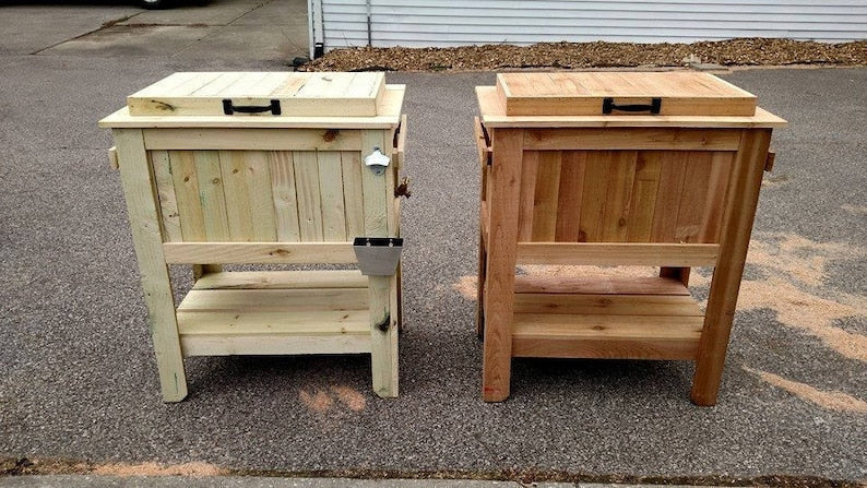 All Weather 48 Quart Antiqued Cedar Cooler Stand with Brass Drain. Bottle Opener and Cap Catcher. Beer Cooler.