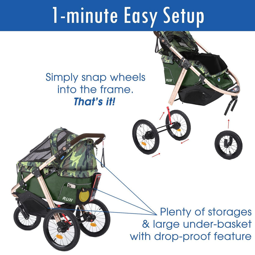 Jogging Sports Stroller with Comfort Rubber Wheels/Zipper-Less Entry/1-Hand Quick Fold/Aluminum Frame for Small/Medium Dogs. Cats and Pets (Green Camo)