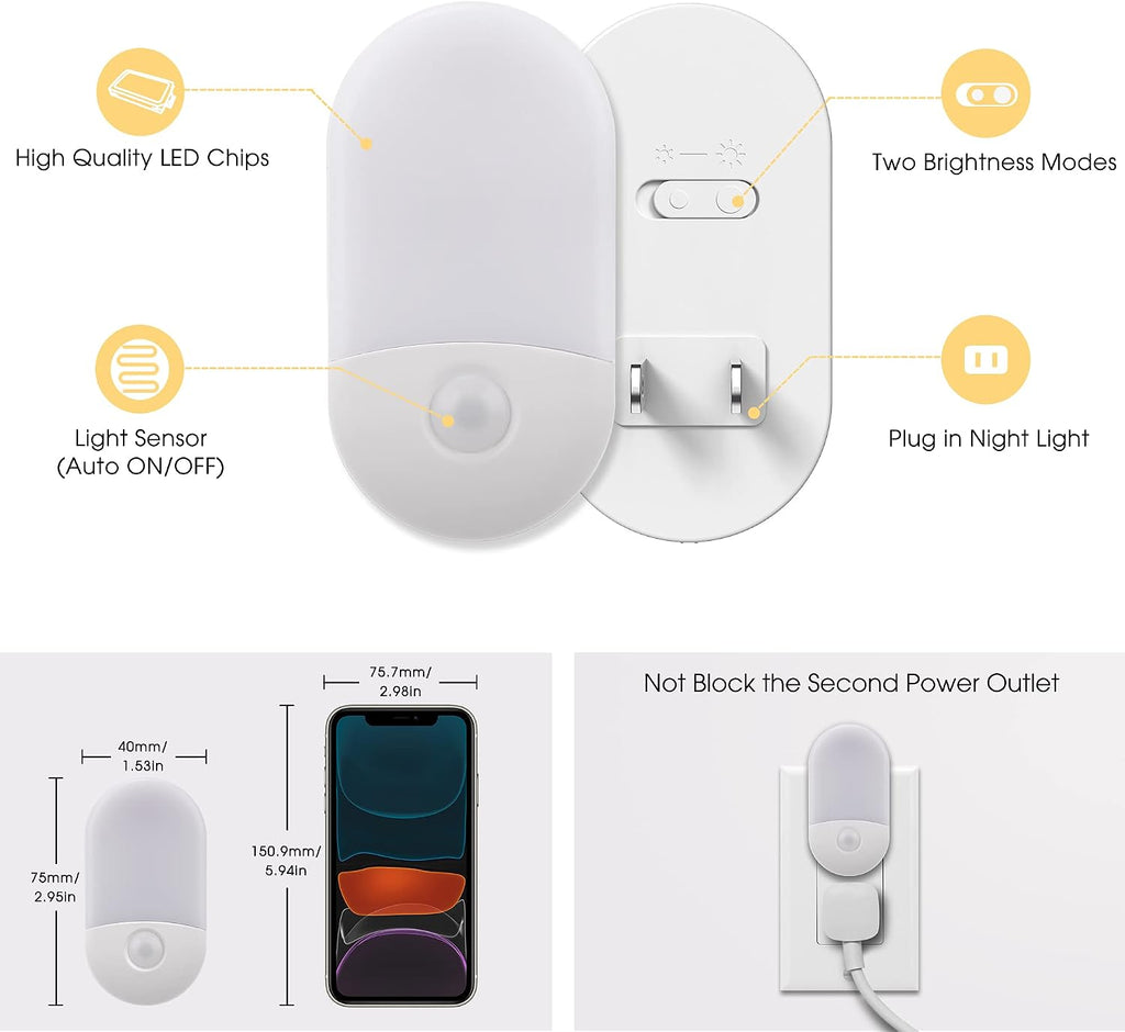 2 Pack LED Dimmable Night Light with Light Sensors