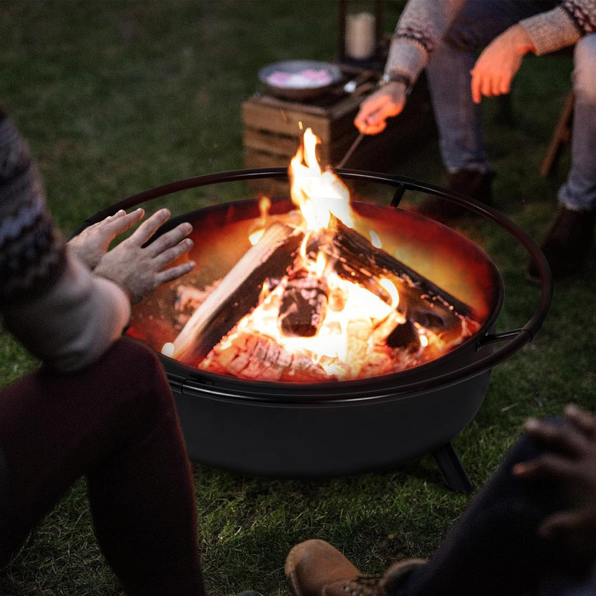 SUNCREAT 42 Patio Fire Pit Wood Burning with Mesh Spark Screen. Bonfire Outdoor firepit with Fireplace Poker. Black