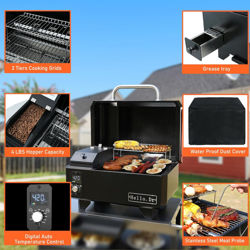 Portable Wood Pellet Grill and Smoker.Electric Outdoor 8 in 1 Tabletop Grills for RV Camping Tailgating RV Cooking BBQ. Intelligent Temperature Control and Superheated Steam Technology