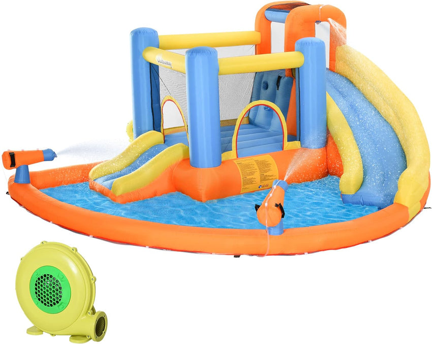 Kids Inflatable Water Slide 5-in-1 Bounce House Water Park Jumping Castle with Water Pool. Slide. Climbing Walls. & 2 Water Cannons. 450W Air Blower