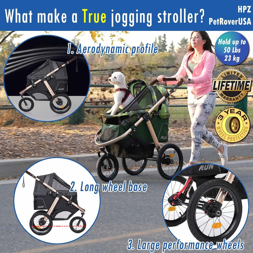 Jogging Sports Stroller with Comfort Rubber Wheels/Zipper-Less Entry/1-Hand Quick Fold/Aluminum Frame for Small/Medium Dogs. Cats and Pets (Green Camo)