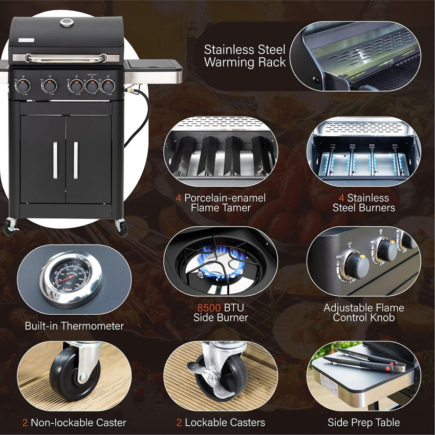 Burner Gas grill with side burner and enameled cast iron grille 42.000BTU outdoor cooking stainless steel propane grill Garden grill. silver