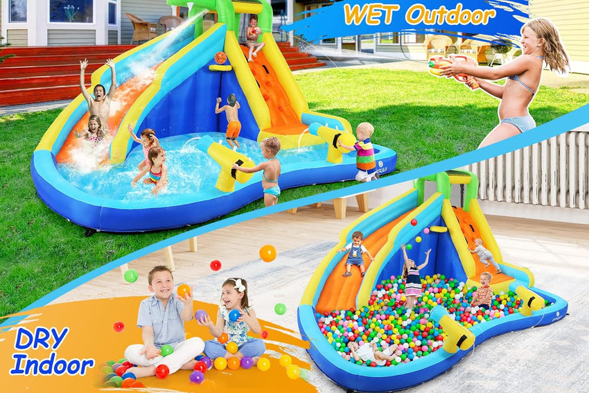 Inflatable Water Slides for Kids 8-in-1 Bounce House Water Park with 450W Blower Climbing Wall. Splash Pool. 2 Water Cannons. Basketball Hoop. Water Slide. Crocodile Sprinkler for Gift Backyard Party