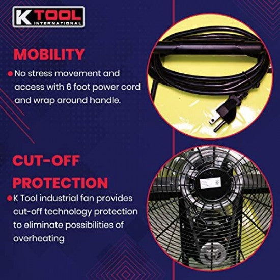 K Tool International 42′′ Belt Drive Drum Fan; Industrial. Garage. Shop. High Speed 2-Speed. Durable. Cut-Off Protection. Easy Mobility Rubber Wheels; SAFETY YELLOW KTI77743
