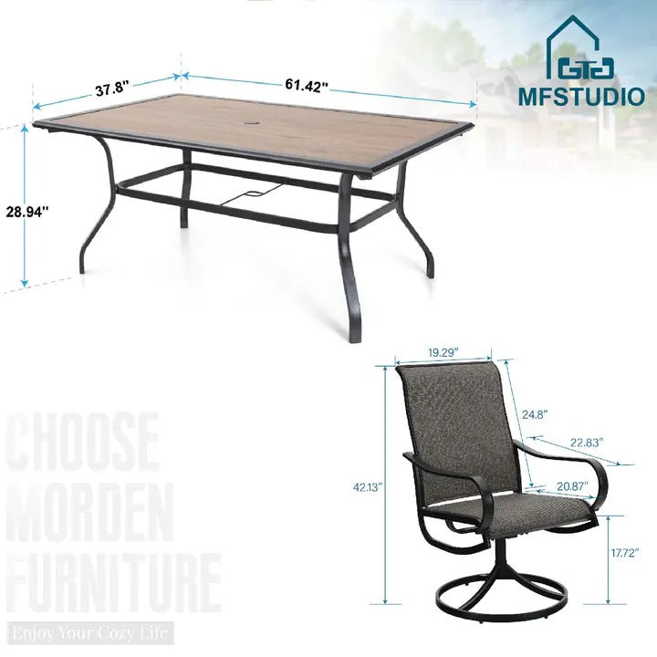 8 Pieces Patio Dining Set with Umbrella.Outdoor Furniture Set with 6 Sling Dining Swivel Chairs