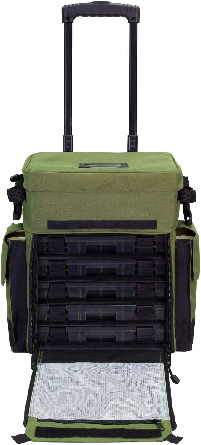 Elkton Outdoors Rolling Tackle Box with Wheels - Waterproof Rolling Fishing Backpack. 5 Removable Tackle Trays. 4 Rod Holders. Fishing Gifts for Men. Fish Tackle Bag. Roller Tackle Box
