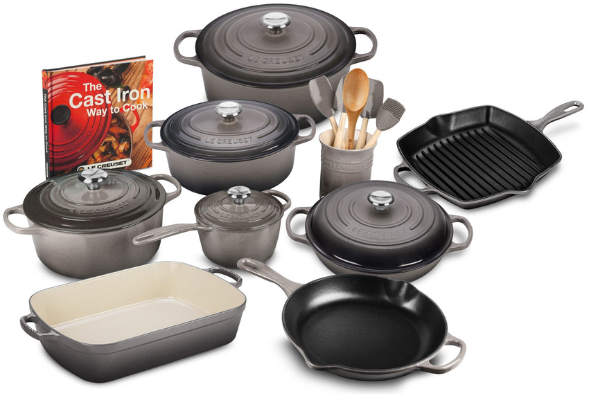 20-piece Signature Cast Iron Cookware Set.10.25′′ Skillet.1.75-quart Saucepan with Lid